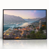 Large abstract wall art depicting a European Montenegro landscape in muted earth tones on a black framed acrylic.
