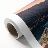 Art Deco poster of Montenegro scenery on rolled canvas, featuring muted earth tones, ideal for nursery wall art.