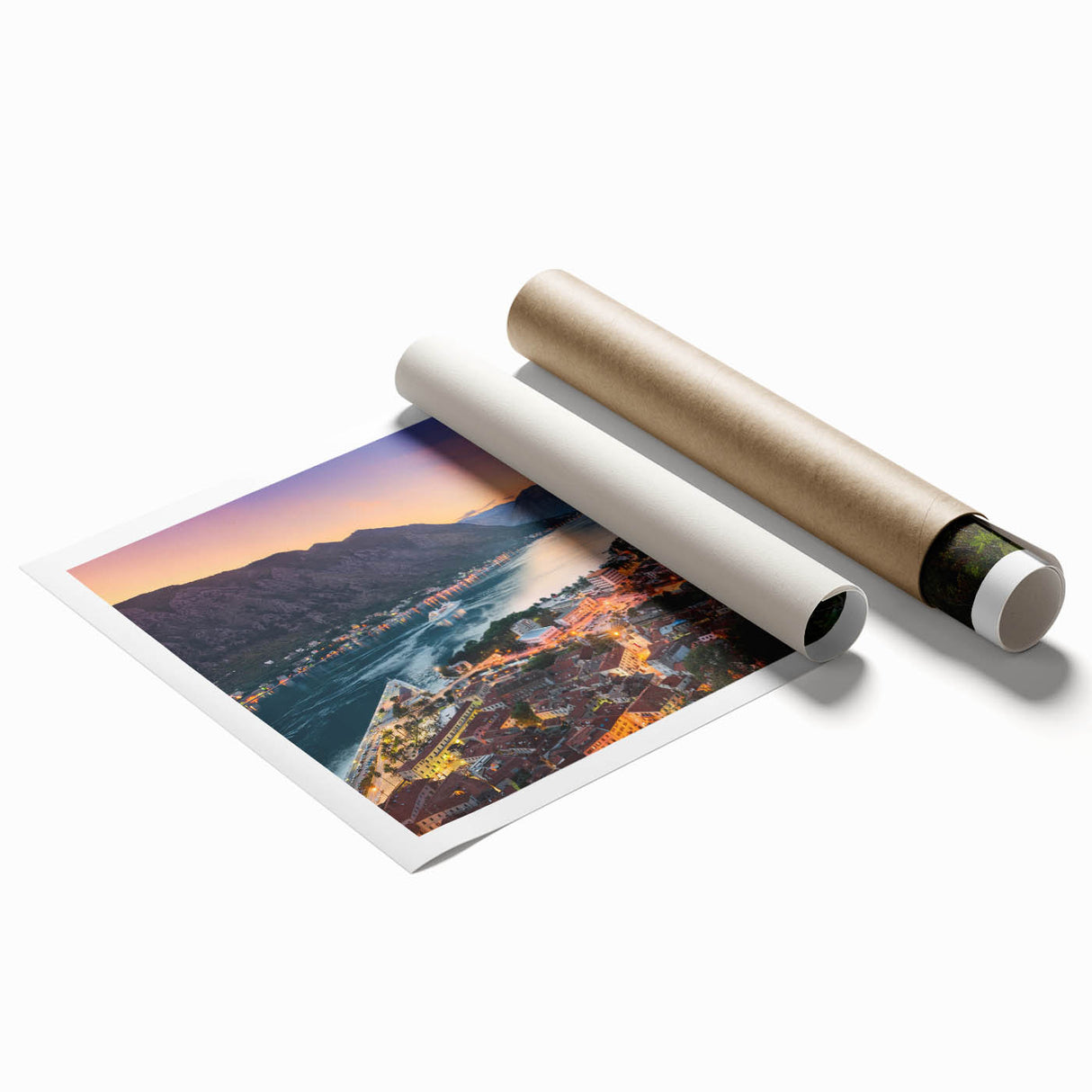 Rolled print depicting a serene Montenegro landscape with lush greenery and mountains, in muted earth tones.
