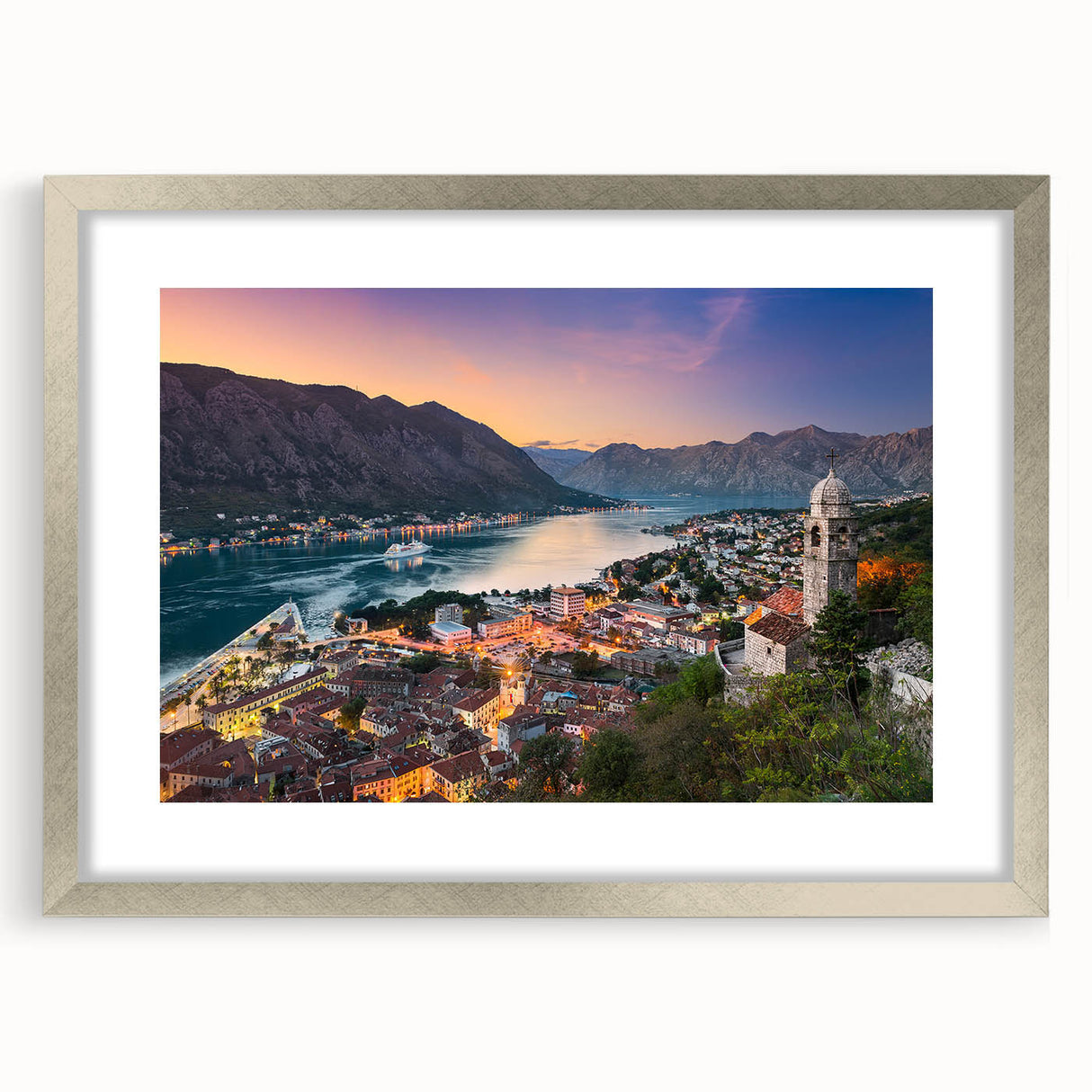 Textured abstract art print of a European Montenegro landscape in muted earth tones, framed in silver, ideal for bedroom art.