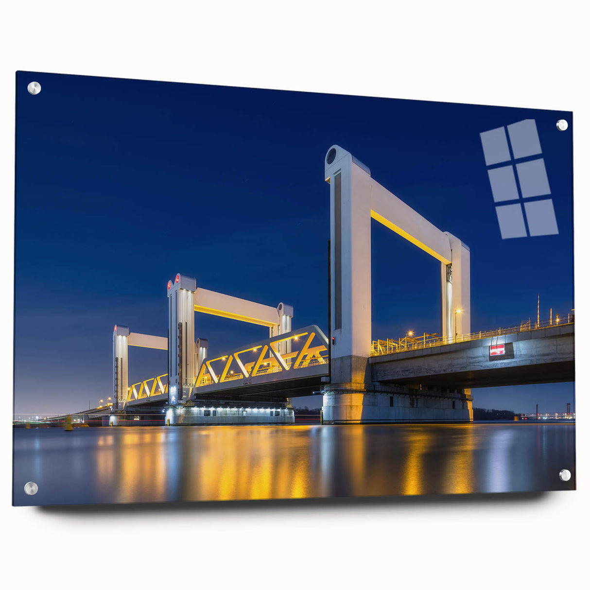 Acrylic print of Amsterdam scenery with muted blue and gray tones, ideal for dining room decor.
