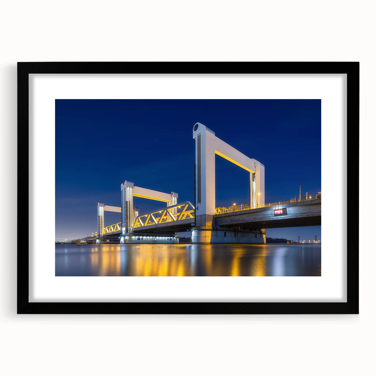 Extra large abstract art print of Amsterdam canal scene in colorful, textured style on a black framed canvas.