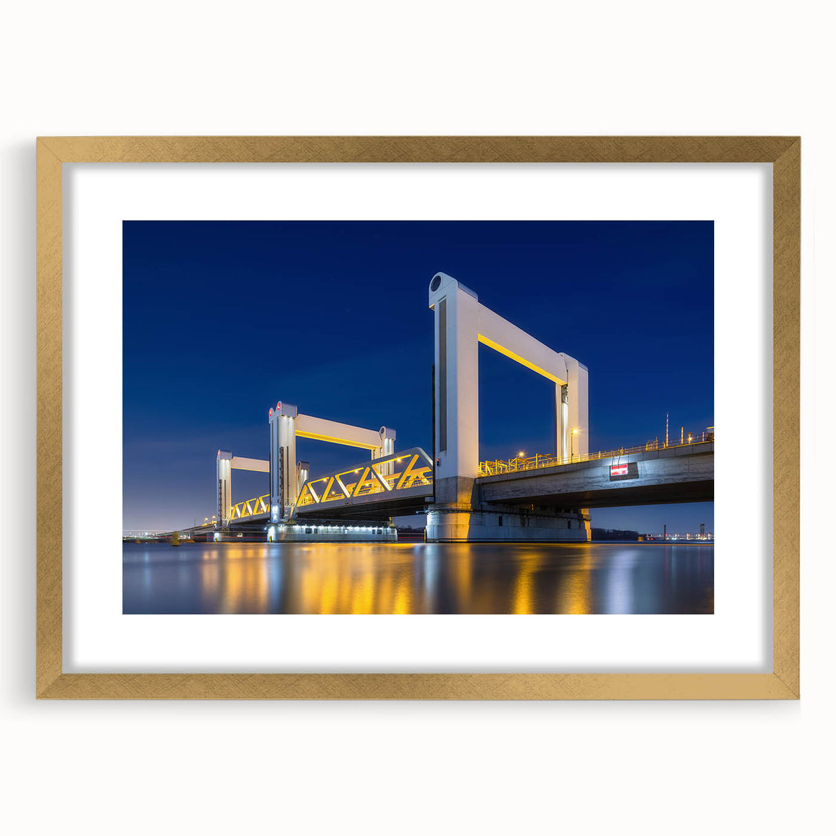 Abstract art print of Amsterdam scenery in muted gold and blue tones, framed with a gold mat, suitable for dining room decor.