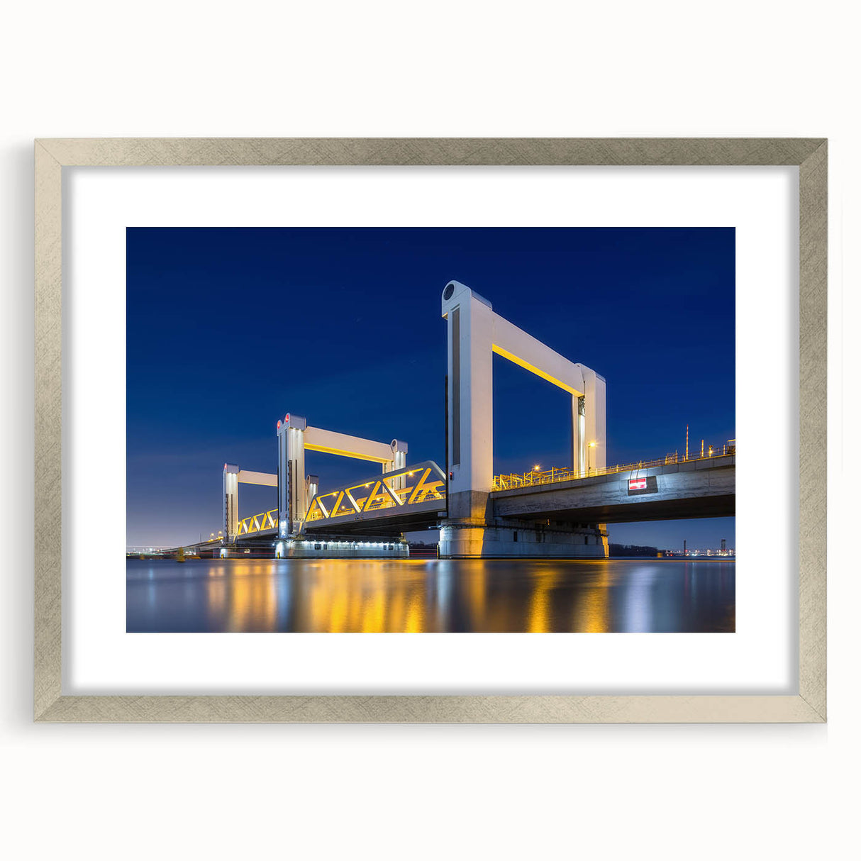 Extra large abstract art print of Amsterdam scenery in textured silver frame, suitable for living room decor.