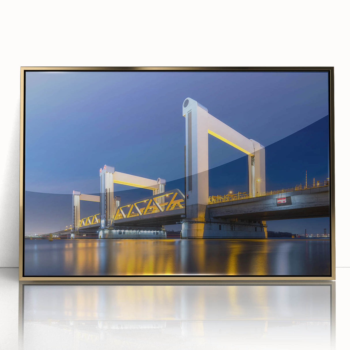 Art Deco-style poster of Amsterdam canals in muted gold and blue tones, framed acrylic, ideal for modern art wall decor.