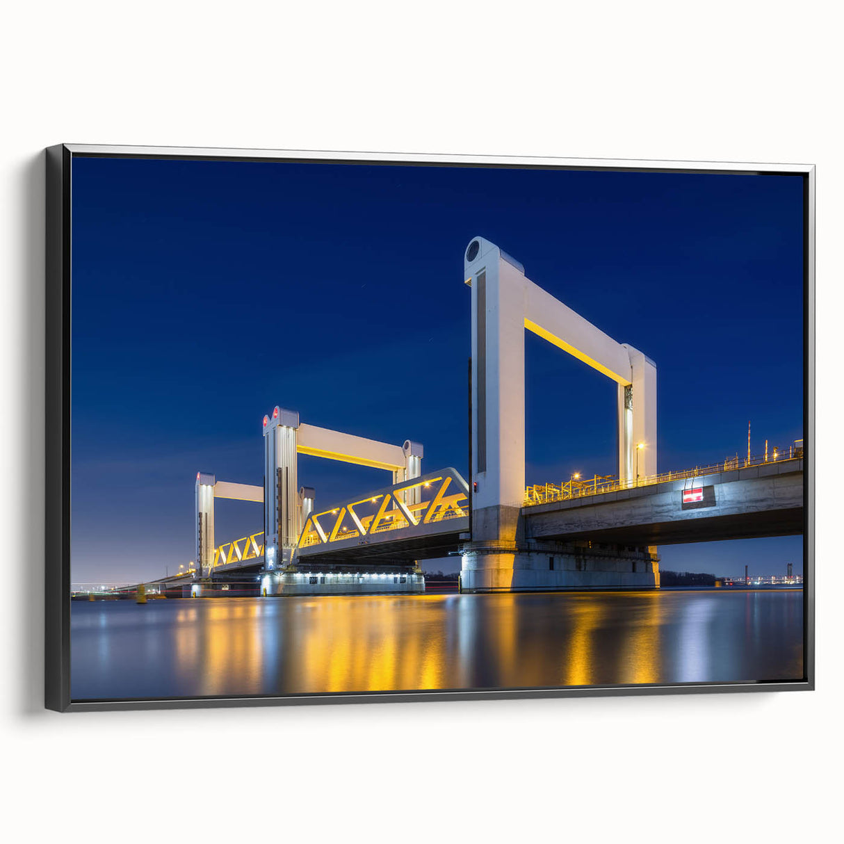Black and white framed canvas of Amsterdam landscape with vintage poster art style, suitable for bedroom decor.
