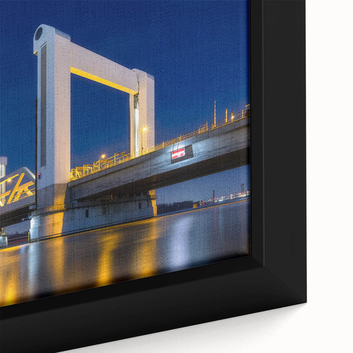 Black wall art depicting a textured Amsterdam canal scene in colorful hues, framed canvas, ideal for living room decor.