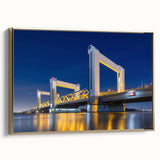 Framed canvas of a vintage Amsterdam landscape in black and gold, ideal for bedroom wall art.