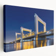 Amsterdam canal scene on large stretched canvas with soft gray and blue tones, suitable for kitchen wall art.