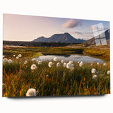Large abstract wall art of a Norwegian landscape in muted earth tones on acrylic glass.