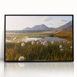 Large abstract wall art depicting a Norwegian landscape in muted earth tones, framed in black acrylic.