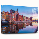 Large abstract wall art of a European scenery in muted tones on acrylic glass, suitable for bedroom or dining room decor.