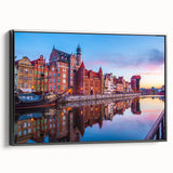 Black and white vintage poster art of a European landscape on framed canvas, suitable for bedroom decor.