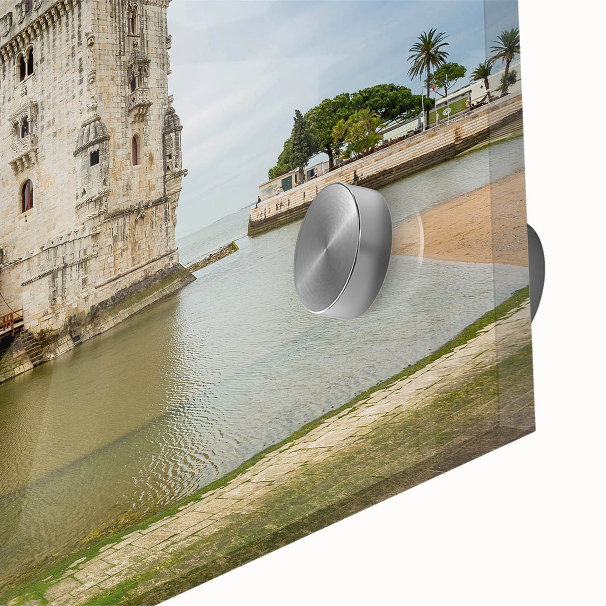 Large abstract wall art depicting Lisbon's cityscape in muted earth tones on acrylic glass, ideal for dining room art.