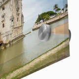 Large abstract wall art depicting Lisbon's cityscape in muted earth tones on acrylic glass, ideal for dining room art.