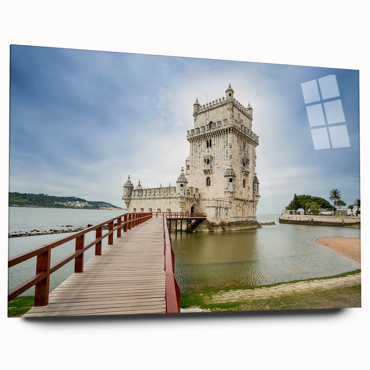 Acrylic print of Lisbon scenery with vibrant blue and white tones, suitable for bedroom or dining room decor.