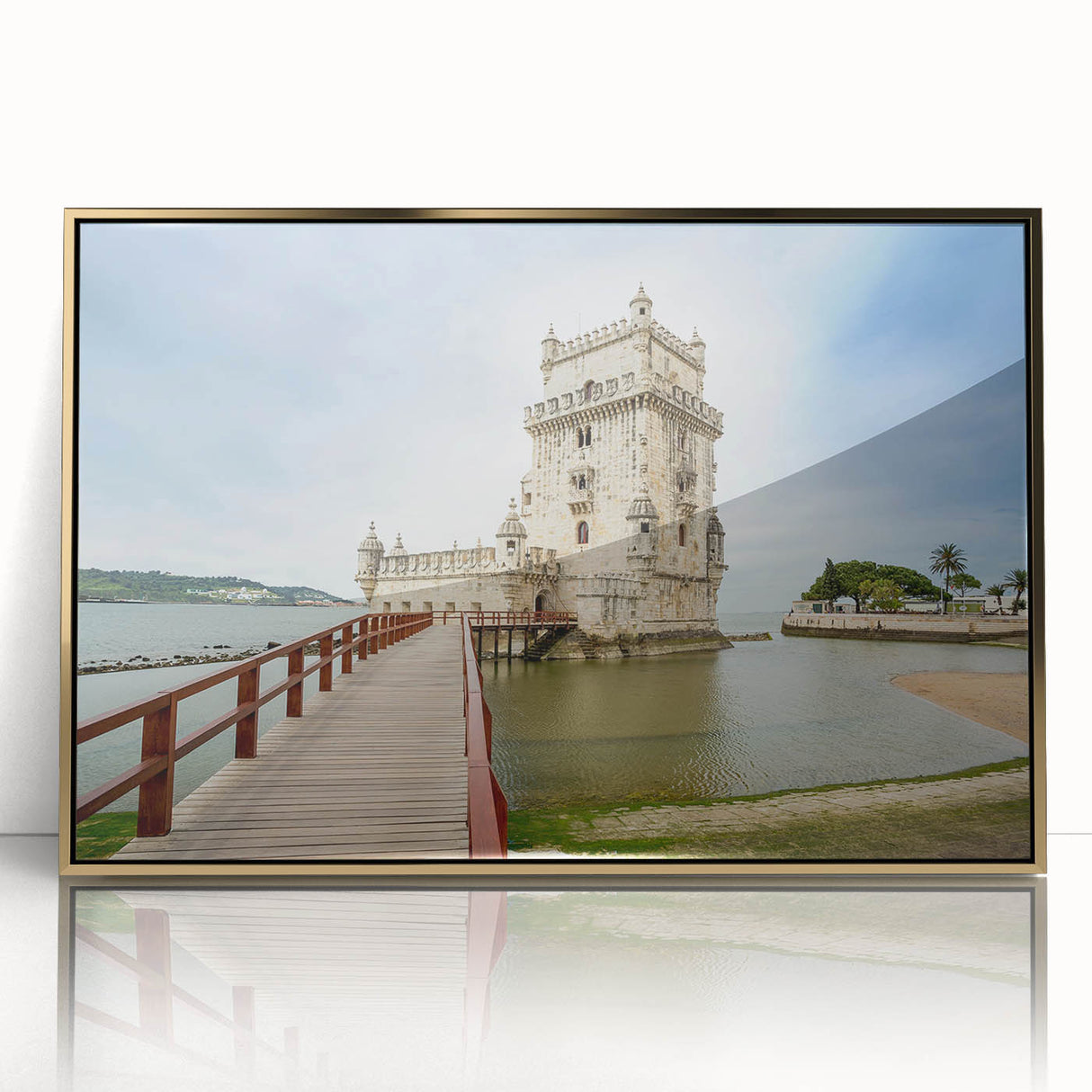 Framed acrylic print of Lisbon scenery in art deco style, with gold accents, ideal for modern art wall decor.