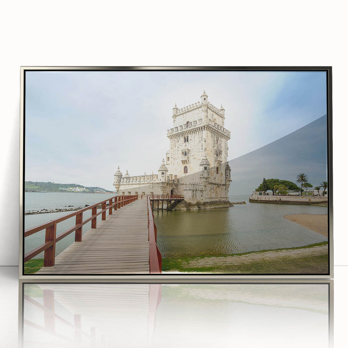 Mid-century modernist art print of Lisbon, Portugal in muted colors on silver-framed acrylic.