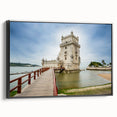 Black and white wall art of Lisbon landscape on framed canvas, ideal for bedroom decor with a vintage poster style.