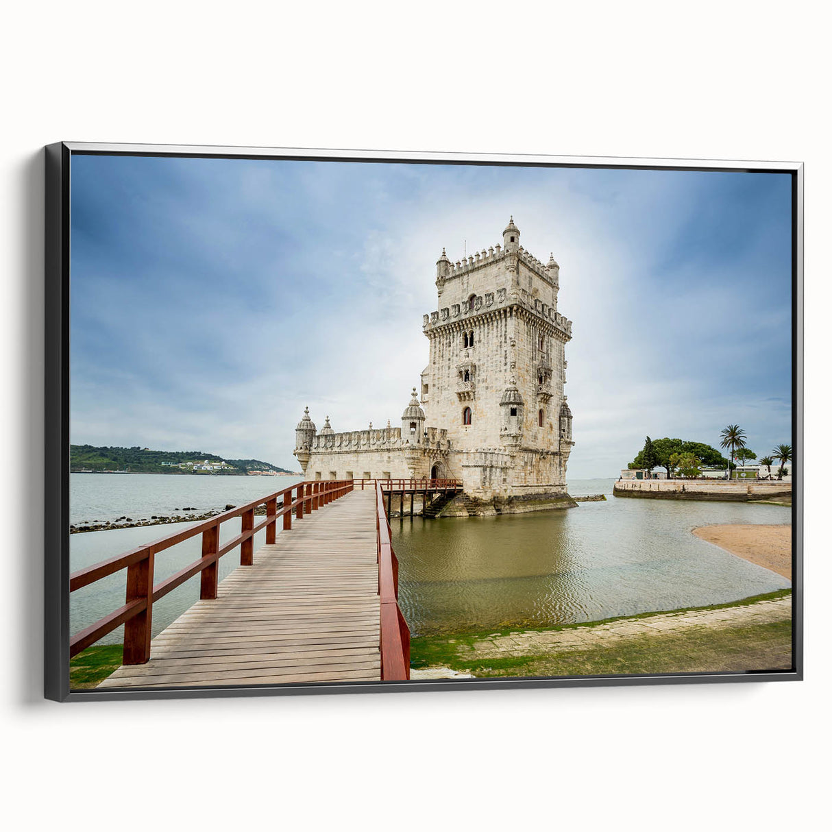 Black and white wall art of Lisbon landscape on framed canvas, ideal for bedroom decor with a vintage poster style.