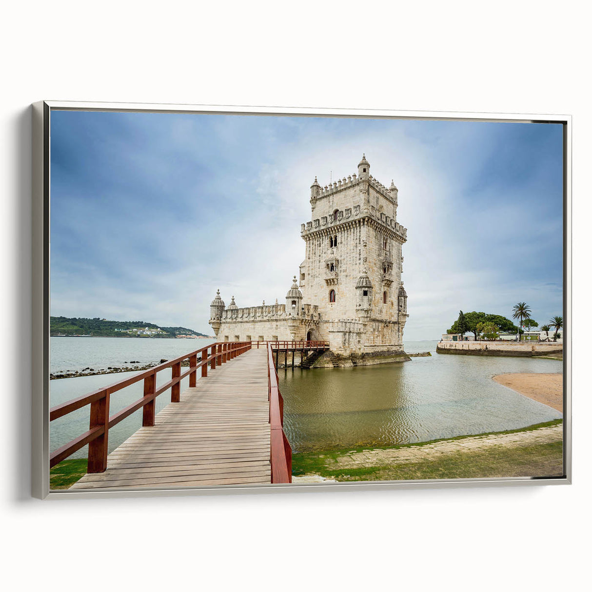 Framed canvas featuring vintage poster art of Lisbon landscape with colorful buildings and black sky.