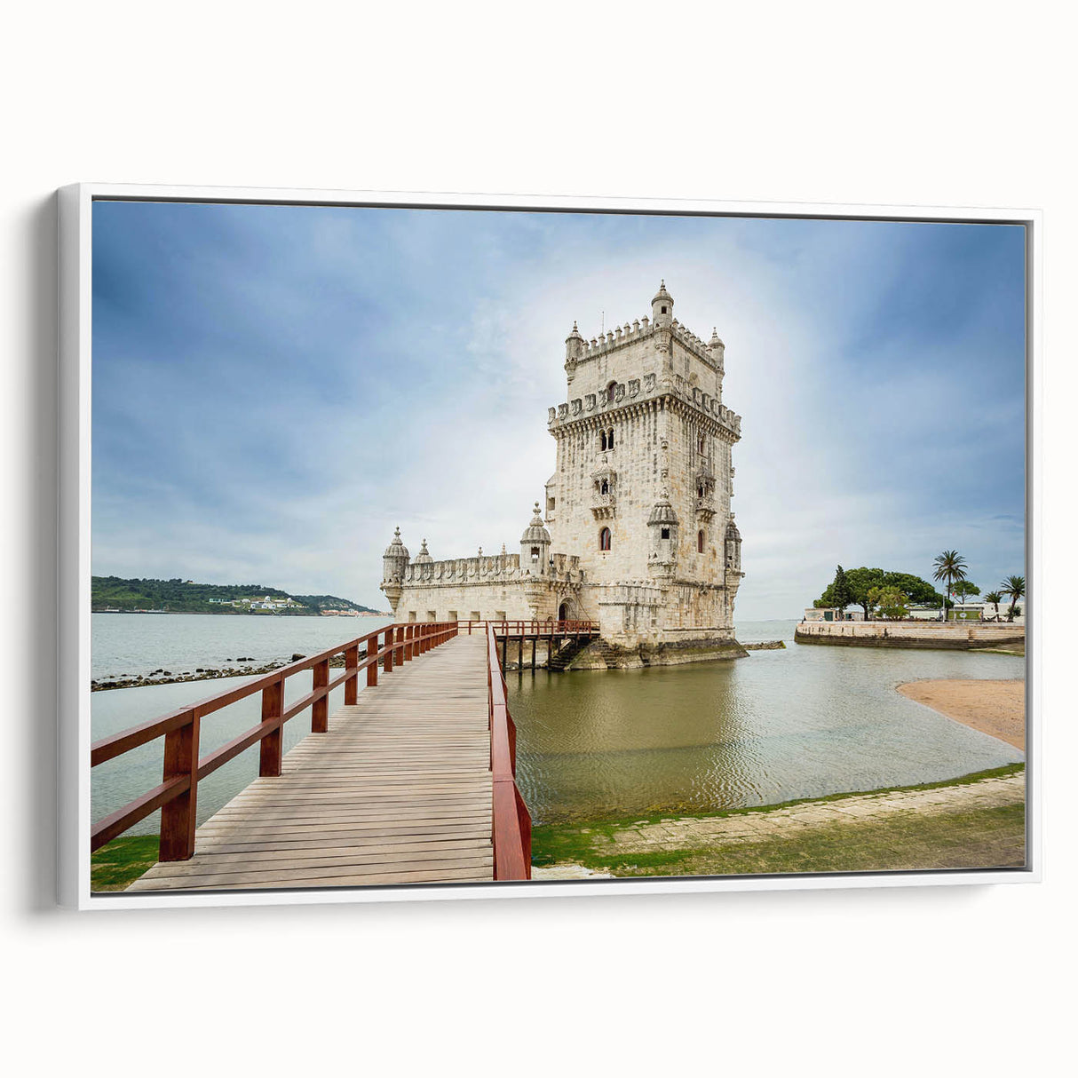 Vintage poster art of Lisbon scenery on extra-large framed canvas, featuring colorful art on a black background.