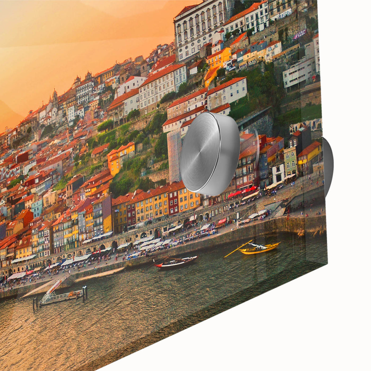 Large abstract wall art of Porto scenery in muted blue and green tones on acrylic glass, ideal for dining room art.