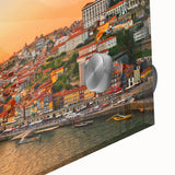 Large abstract wall art of Porto scenery in muted blue and green tones on acrylic glass, ideal for dining room art.
