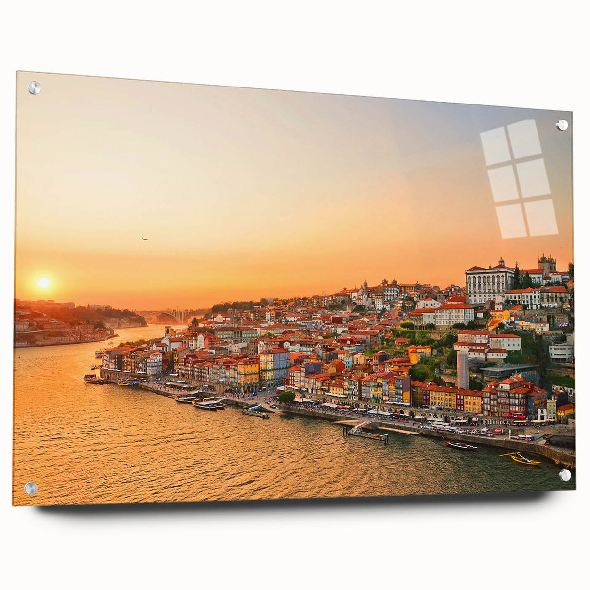 Side view of an acrylic glass print showing Porto, Portugal scenery, ideal for dining room art.