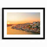 Extra large abstract art print of Porto scenery in vibrant colors on a black framed canvas, suitable for living room decor.