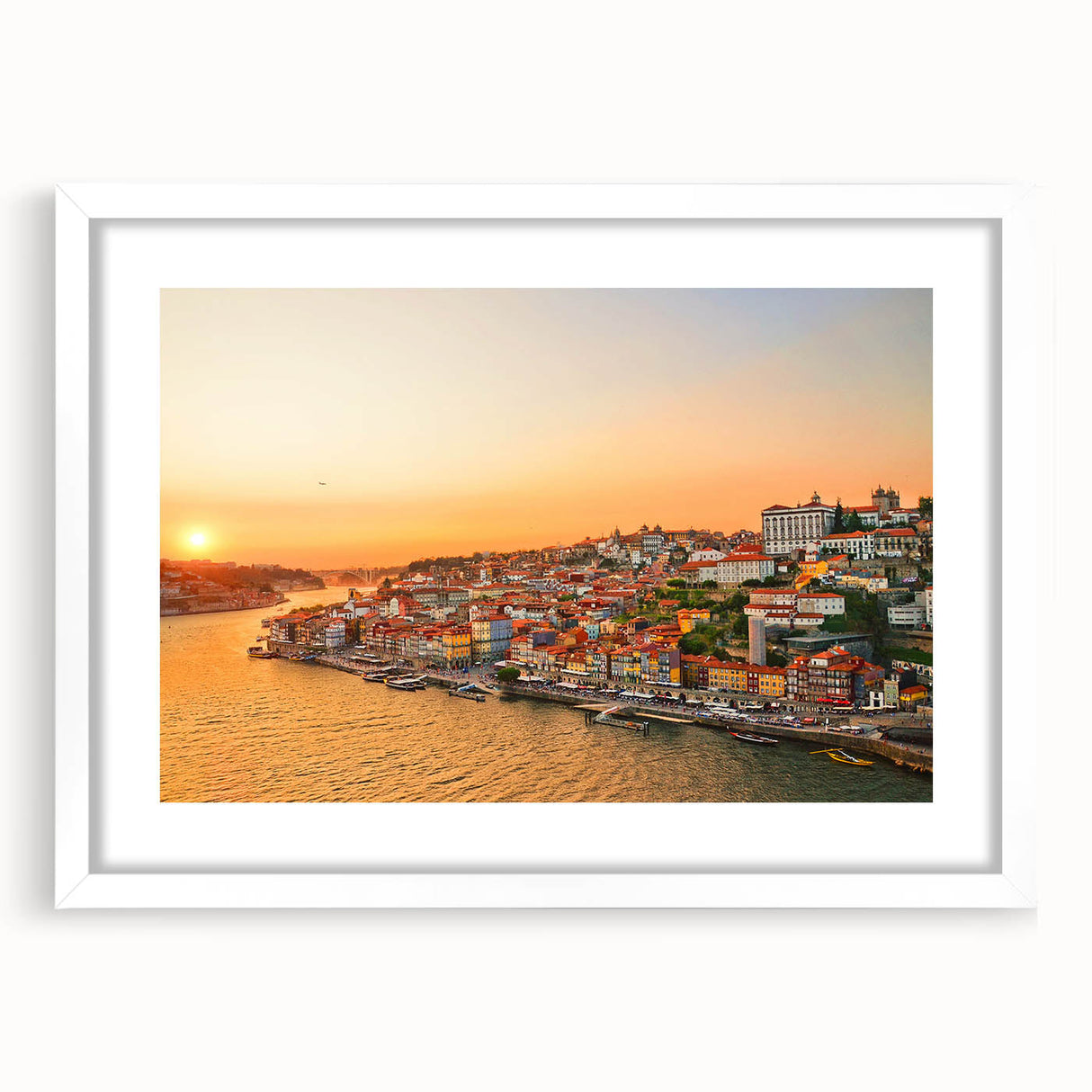 Extra large textured abstract art print of Porto scenery in muted blues and greys, framed with a white mat.