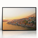Large abstract wall art depicting Porto, Portugal, in muted blue and gray tones on framed acrylic.