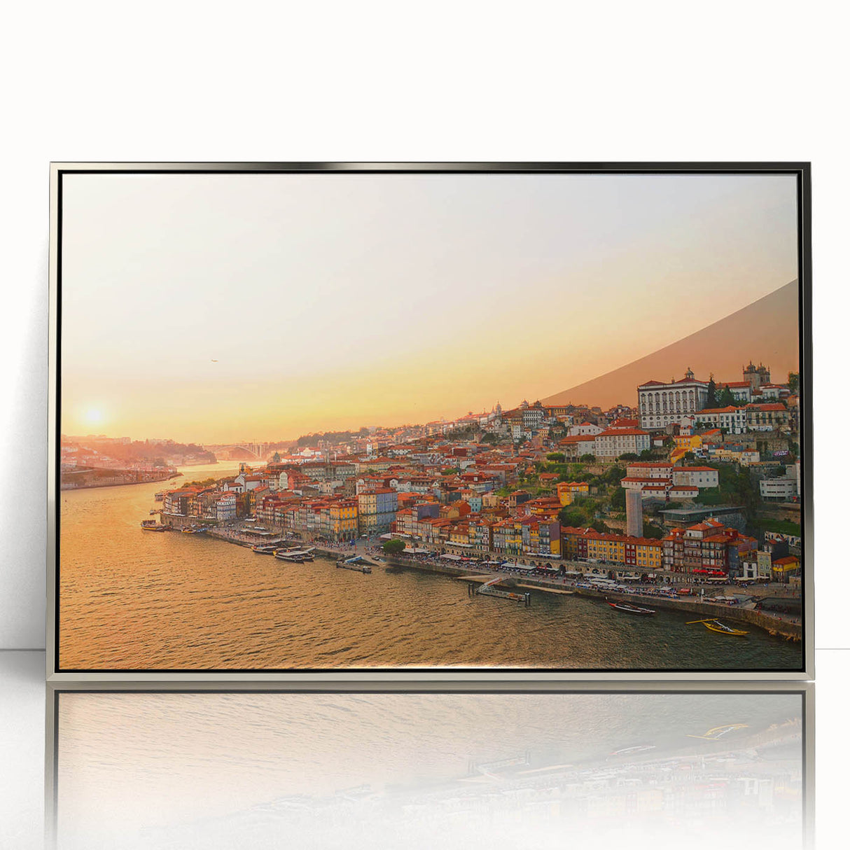 Large art print of Porto, Portugal scenery in mid-century modernist style on silver-framed acrylic.
