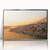 Large art print of Porto, Portugal scenery in mid-century modernist style on silver-framed acrylic.