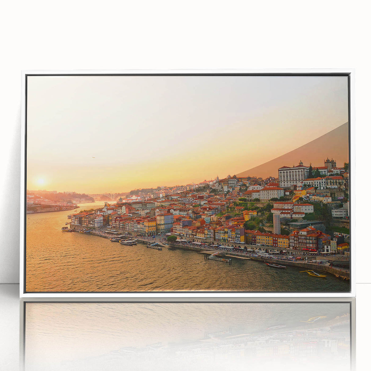 Mid-century modernist art depicting Porto, Portugal, in acrylic with a white frame, ideal for nursery wall decor.