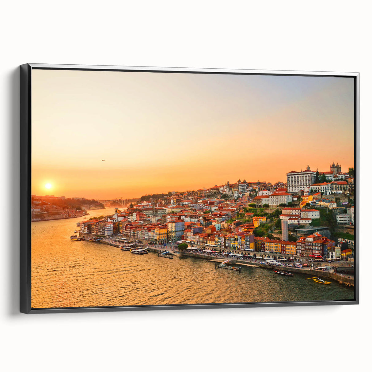 Black and white framed canvas of Porto landscape, ideal for bedroom wall decor, showcasing vintage poster art style.
