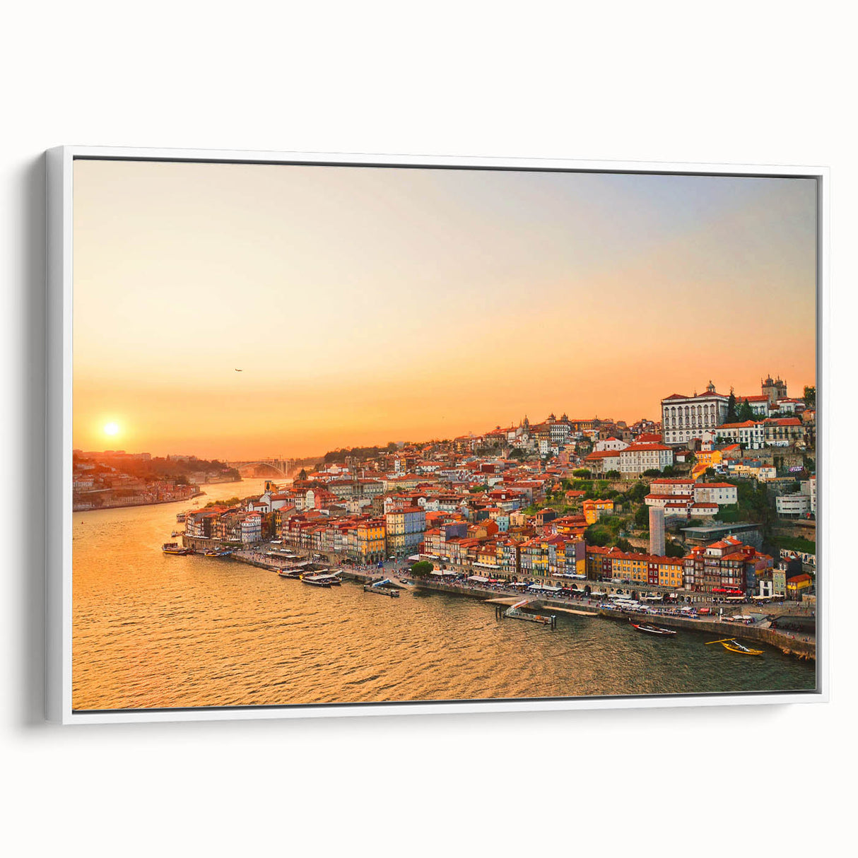 Vintage poster art of Porto, Portugal on framed canvas, featuring colorful scenery against a black background.