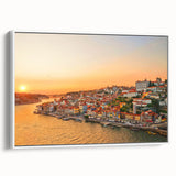 Vintage poster art of Porto, Portugal on framed canvas, featuring colorful scenery against a black background.