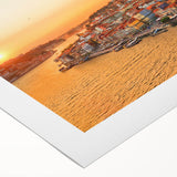 Art deco poster of Porto scenery with muted blue and orange tones on rolled canvas, suitable for dining room decor.