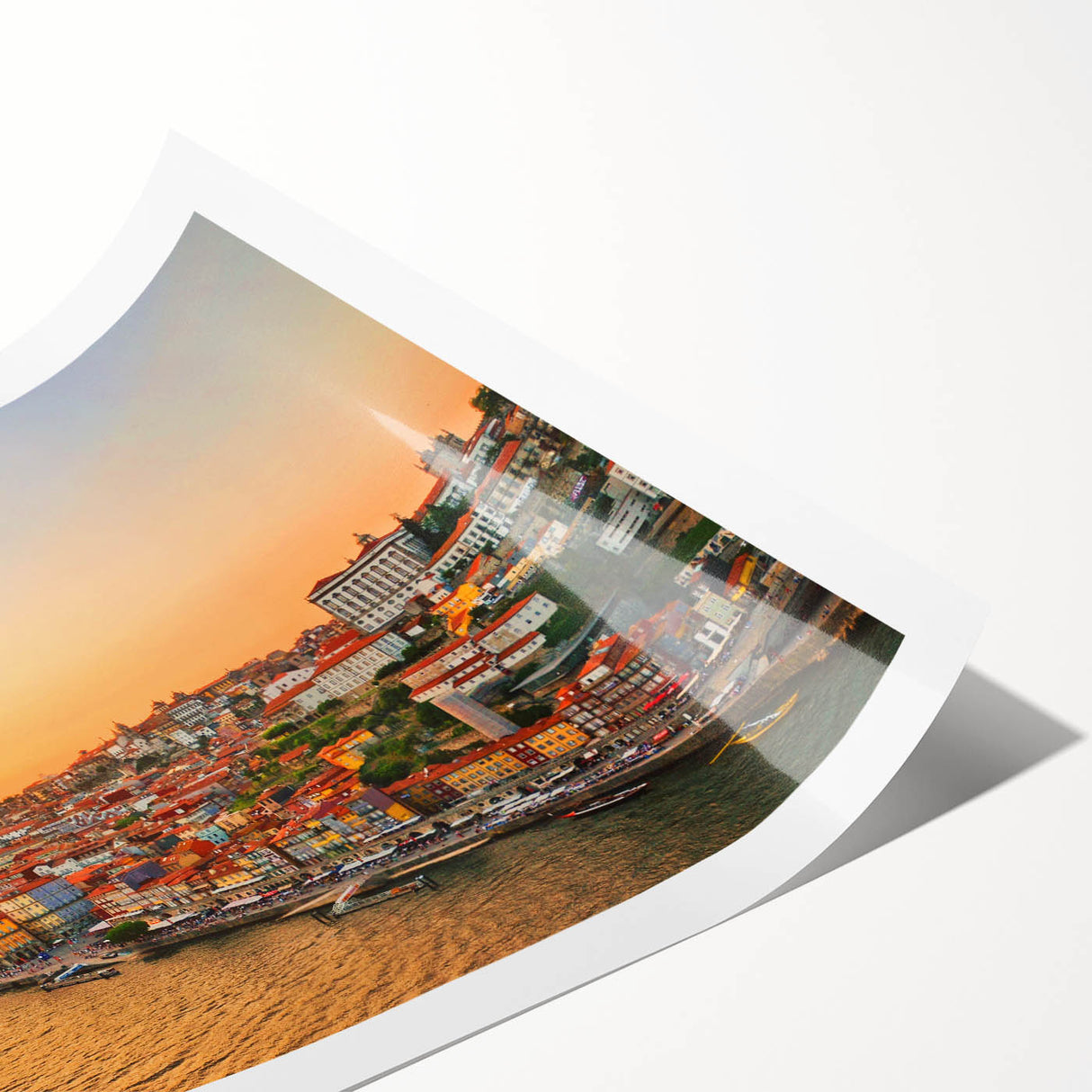 Extra large wall art featuring line art flowers over a pastel-colored Porto scenery on a rolled print.
