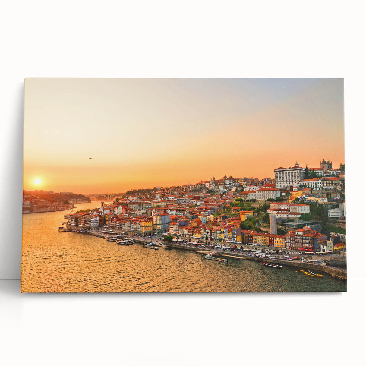 Black and white stretched canvas of Porto, Portugal cityscape, ideal for kitchen wall art.