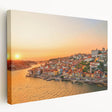 Porto, Portugal cityscape on large stretched canvas, featuring vibrant blues and oranges, ideal for kitchen wall art.