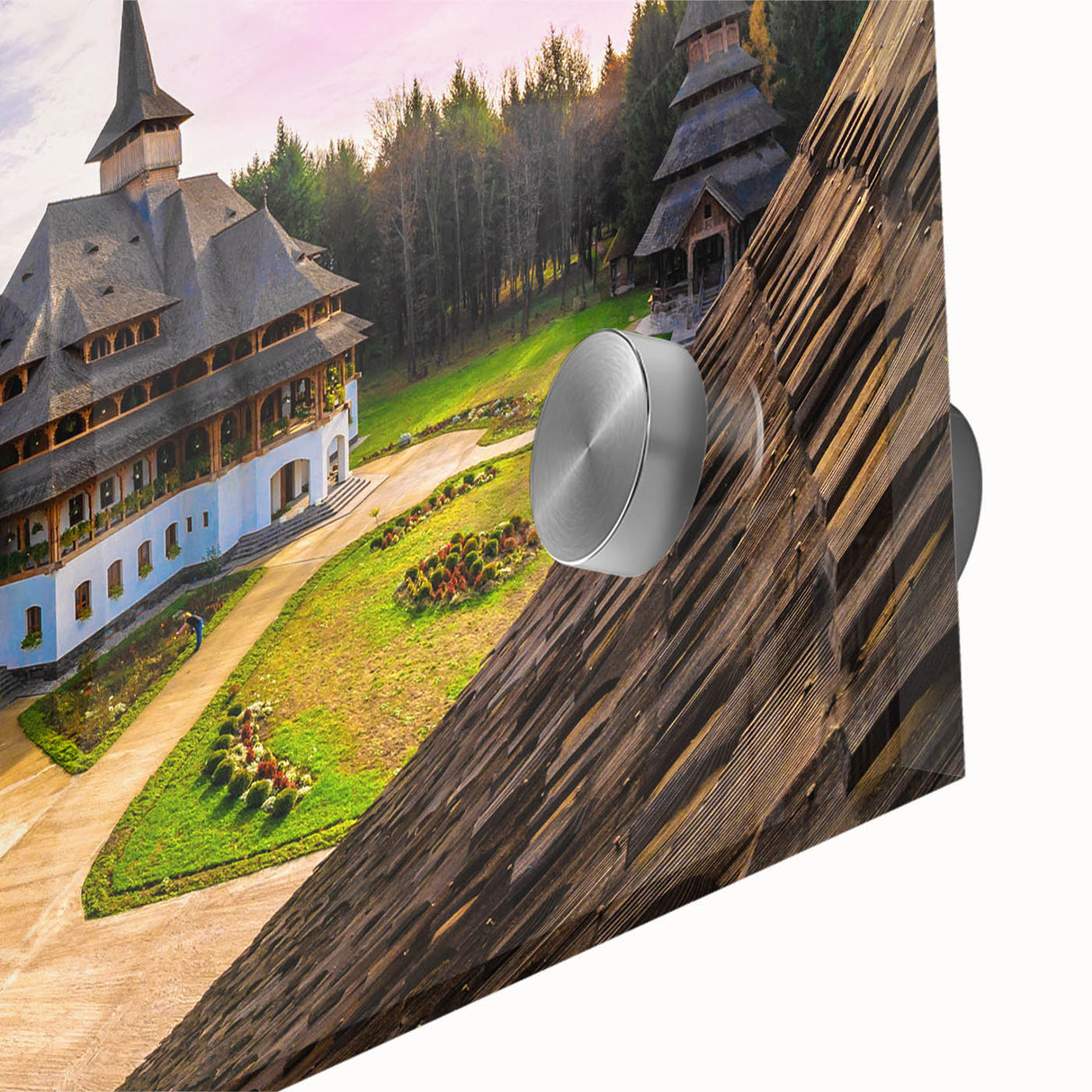 Large abstract wall art depicting a Romanian landscape in muted earth tones on acrylic glass.