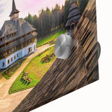 Large abstract wall art depicting a Romanian landscape in muted earth tones on acrylic glass.