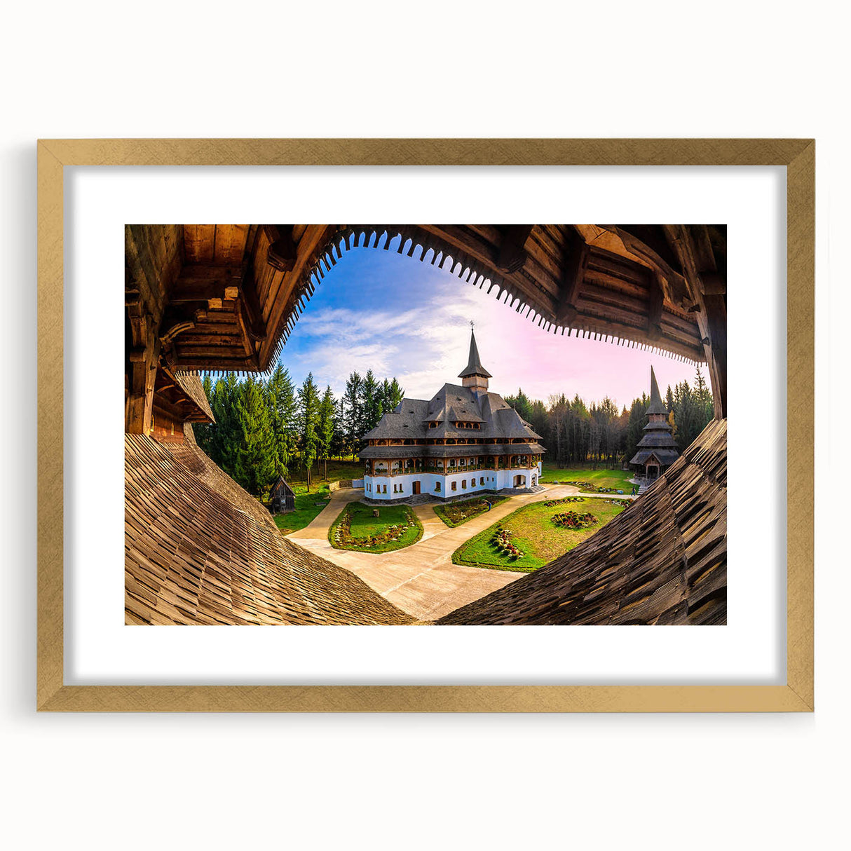 Abstract art print of a European scene in Romania, using muted earth tones on a framed gold mat, ideal for dining room decor.