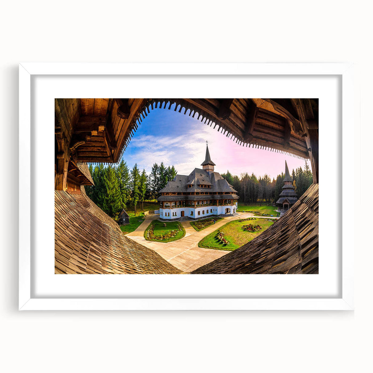 Textured art depicting an abstract European scenery in muted earth tones, framed with a white mat.