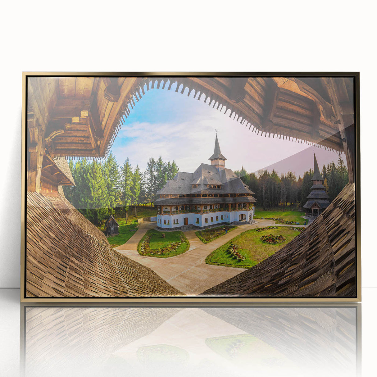 Art deco poster featuring a serene Romanian landscape in muted gold tones on framed acrylic.