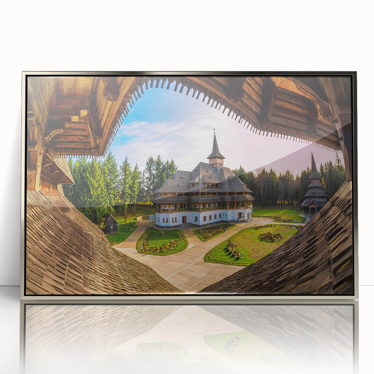 Framed acrylic print of a European scenery in Romania, featuring mid-century modernist style.