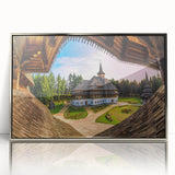 Framed acrylic print of a European scenery in Romania, featuring mid-century modernist style.