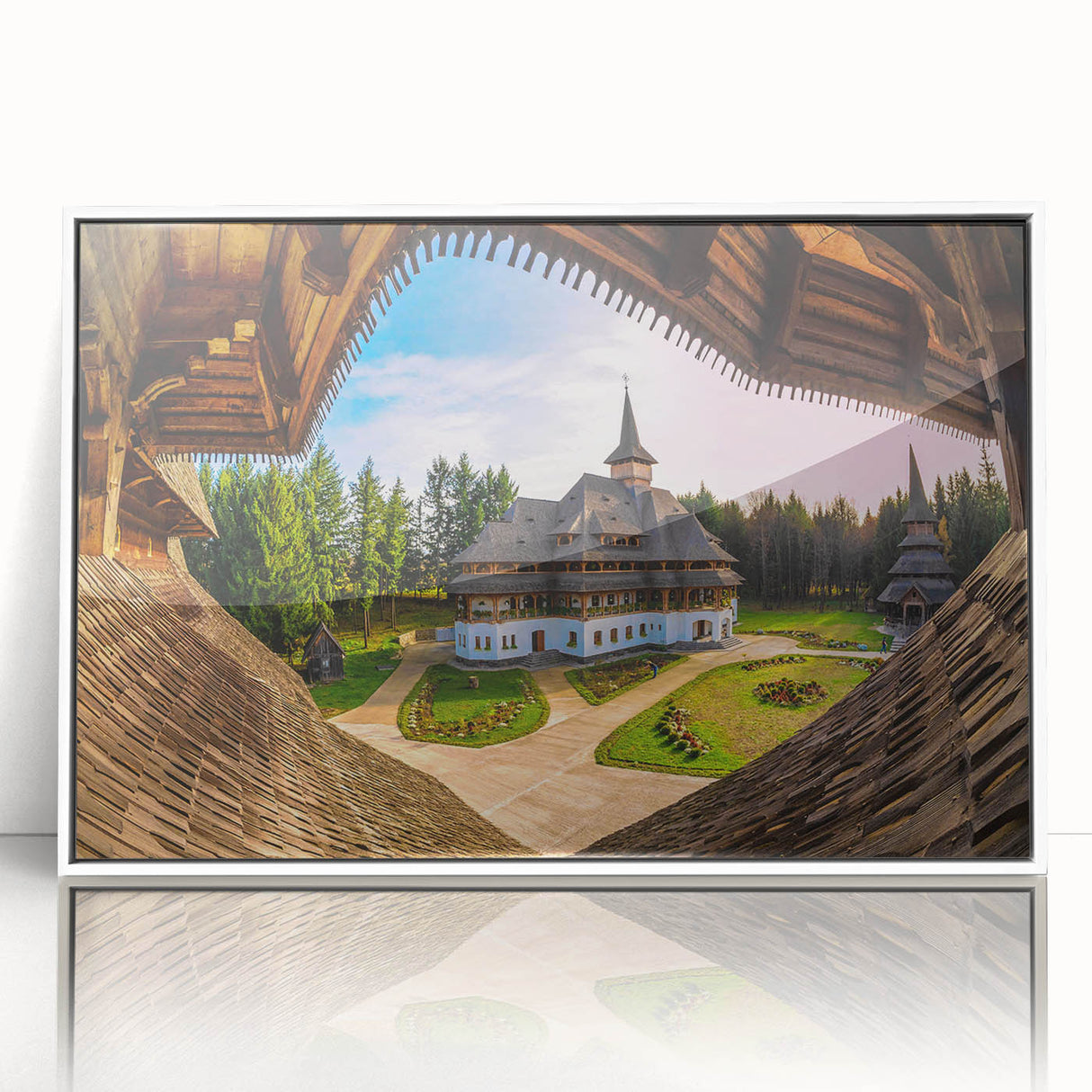 Mid-century modernist art depicting a Romanian landscape, in muted earth tones on a framed acrylic print.